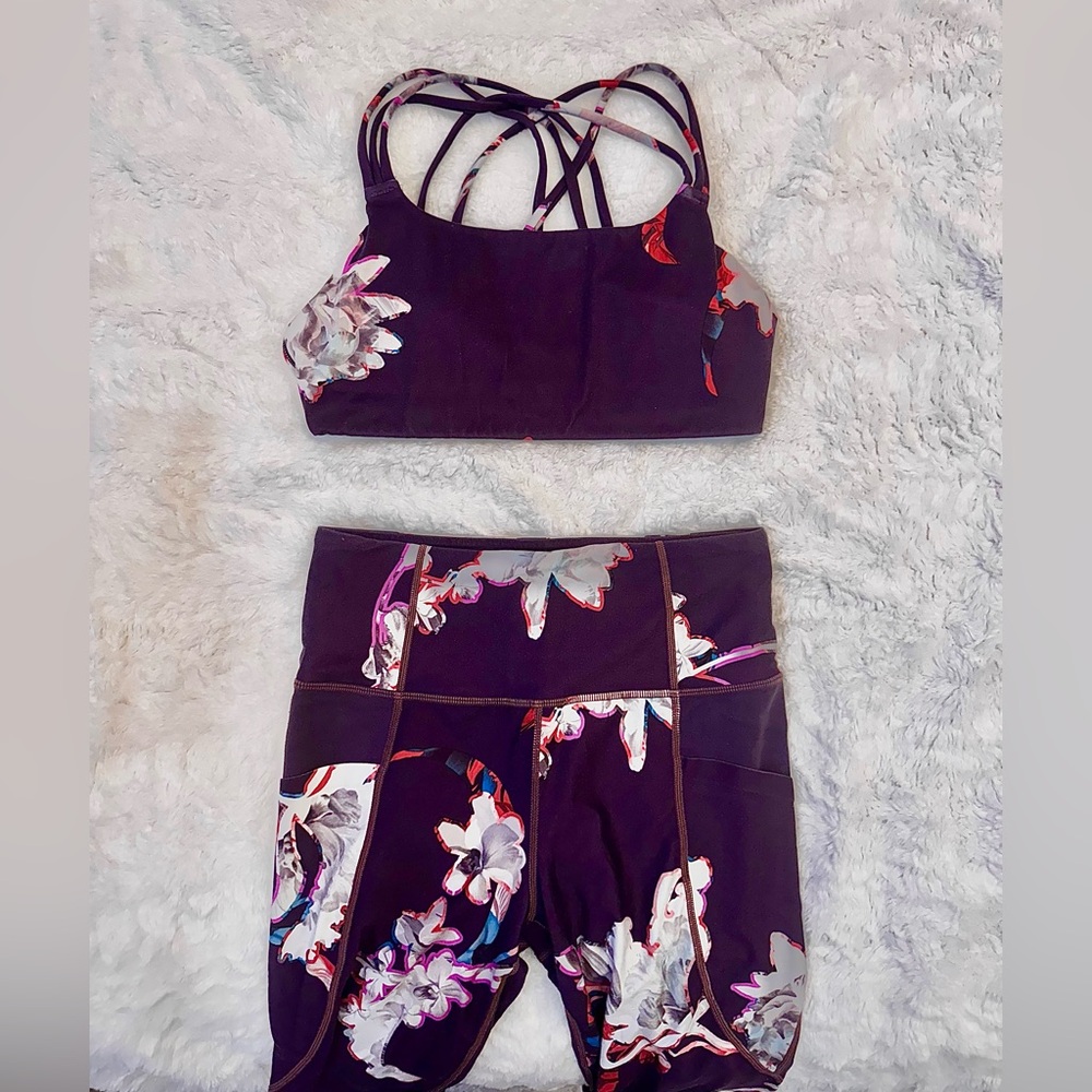 Athleta Floral Strappy Hyper Focused POWERVITA Sports Bra and Leggings Set